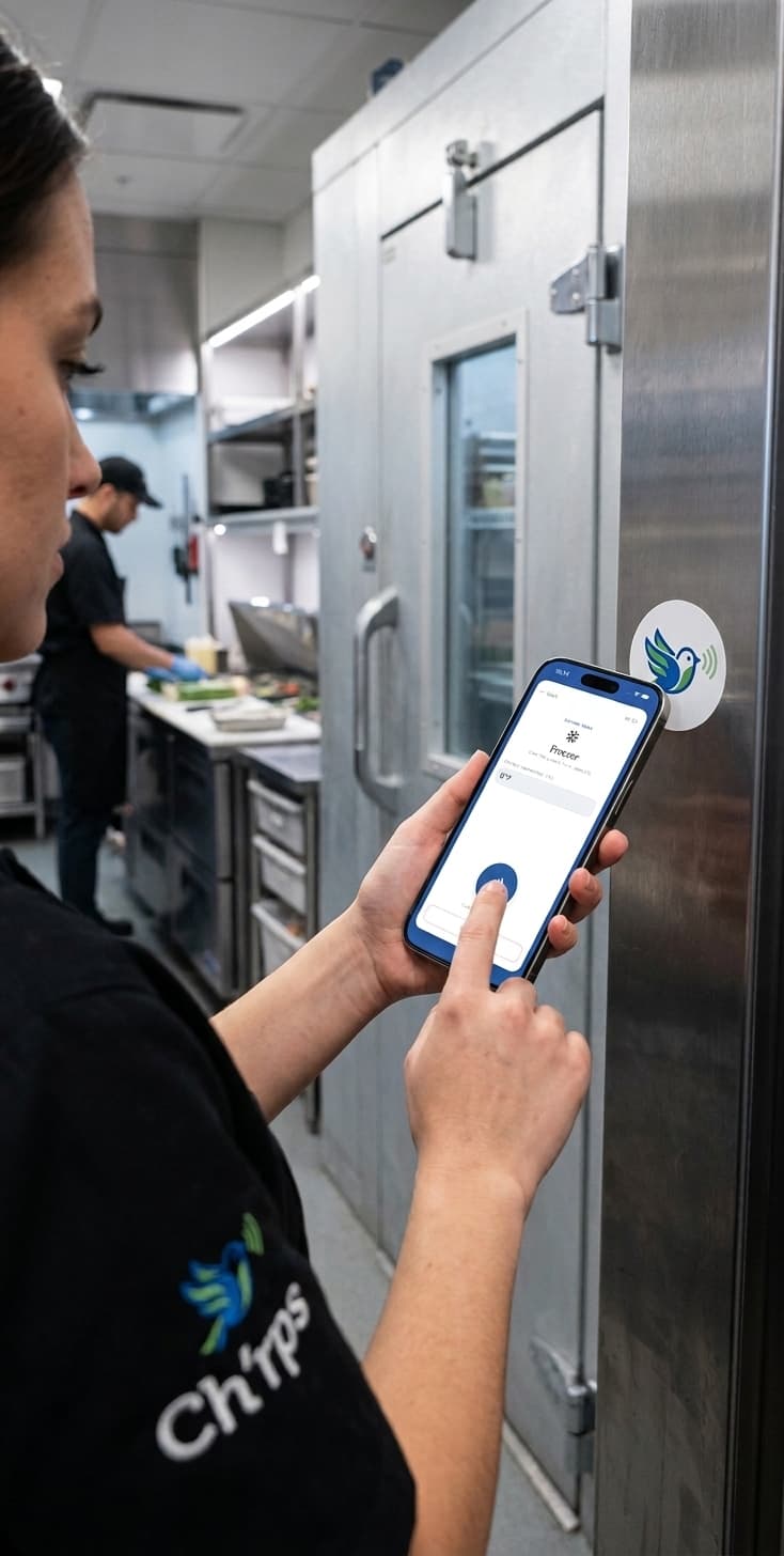 A staff member tapping their phone on a Ch'rps NFC tag to check a walk-in freezer