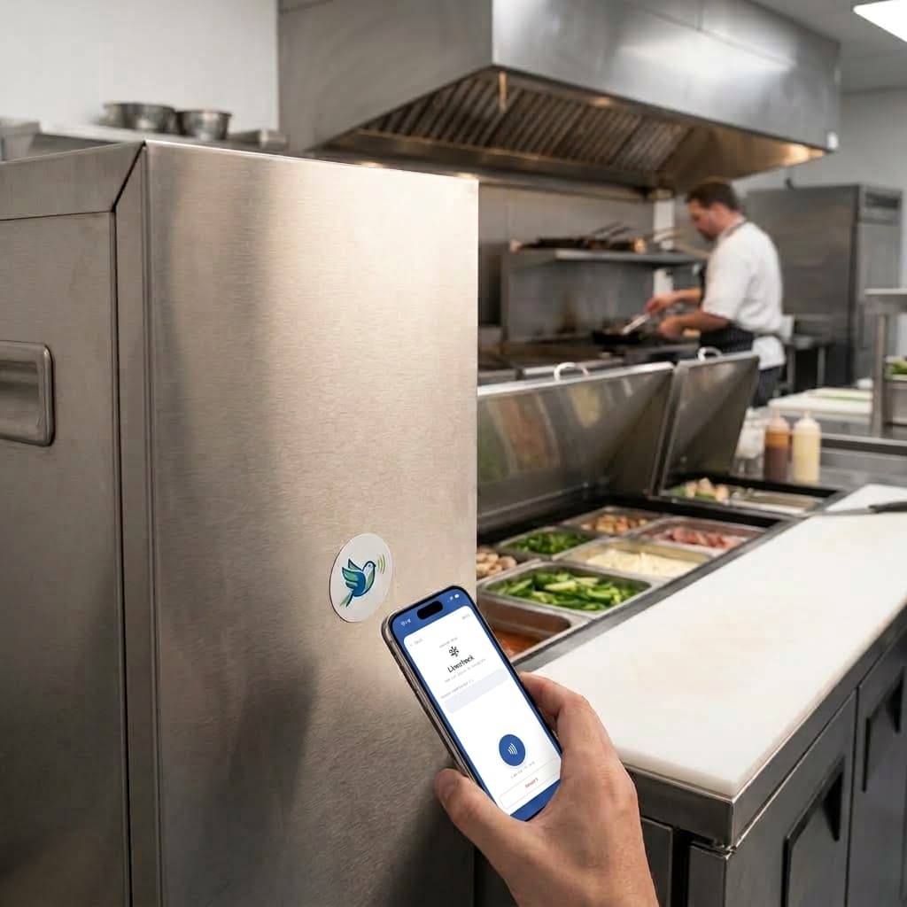 A staff member tapping their phone on a Ch'rps NFC tag in the kitchen