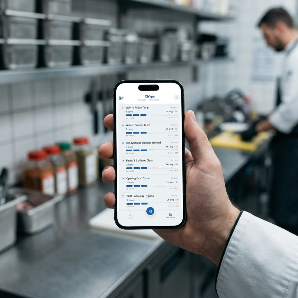 The Ch'rps app showing a real-time checklist of completed and pending tasks